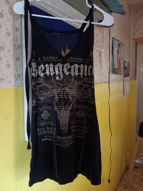 NWOT Salvage Black Graphic 'Vengeance' Studded Mini Dress. M
